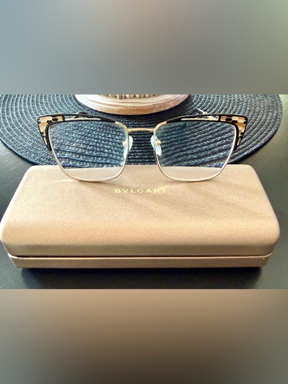 Bvlgari Black and Gold Square Cat-Eye Glasses. Rarely Worn!